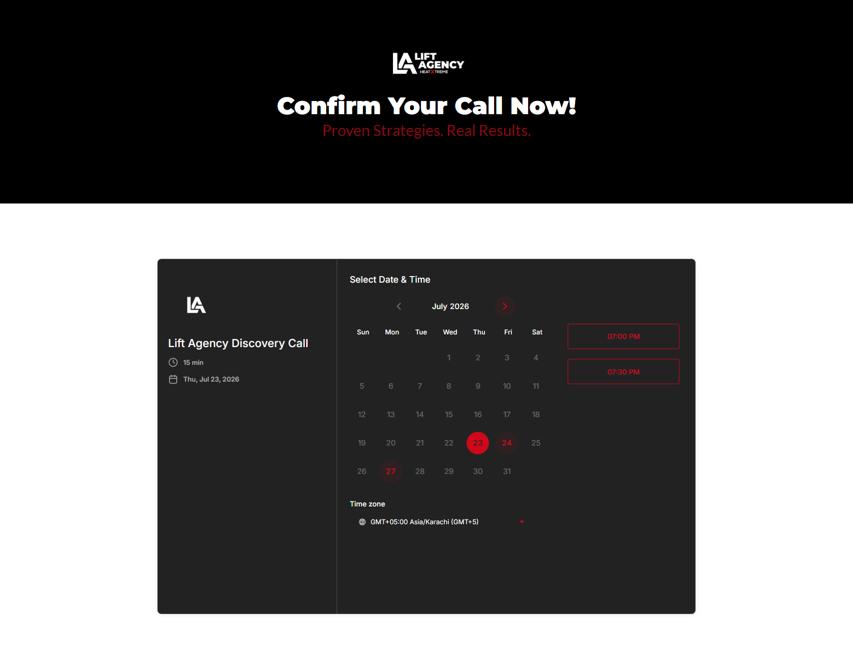 Lift Agency booking funnel